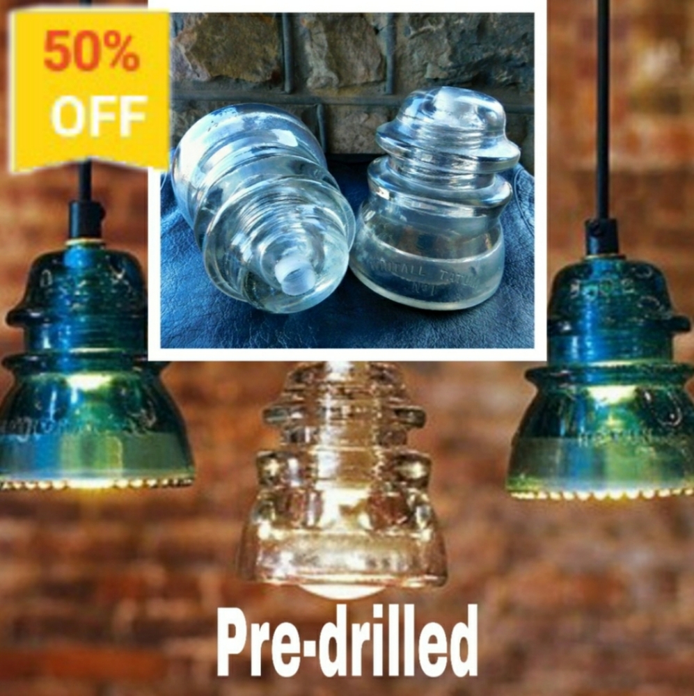 2 Vintage Clear Glass Insulators Pre-drilled 1/2"